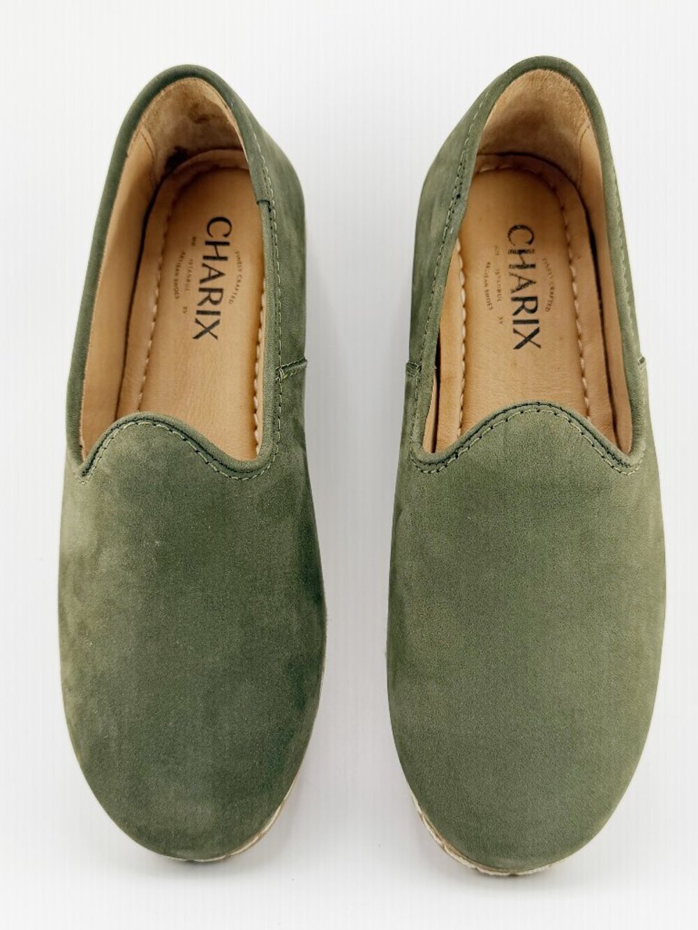 Charix Handcrafted Artisan Olive Green Suede Slip-On Loafers - Size 36 (US 6)